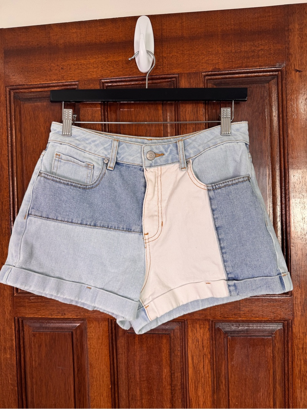 PacSun Two-Tone Patchwork Denim Shorts in Light Blue and Cream